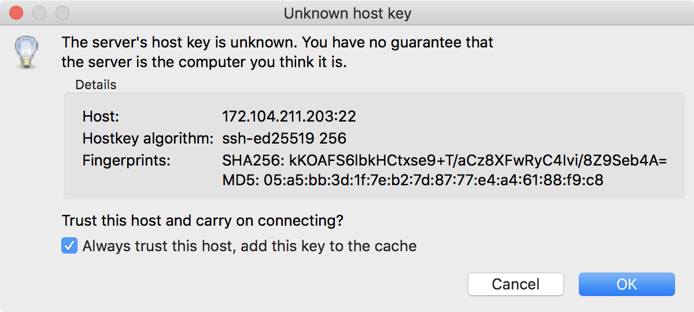 FileZilla unknown SSH host key