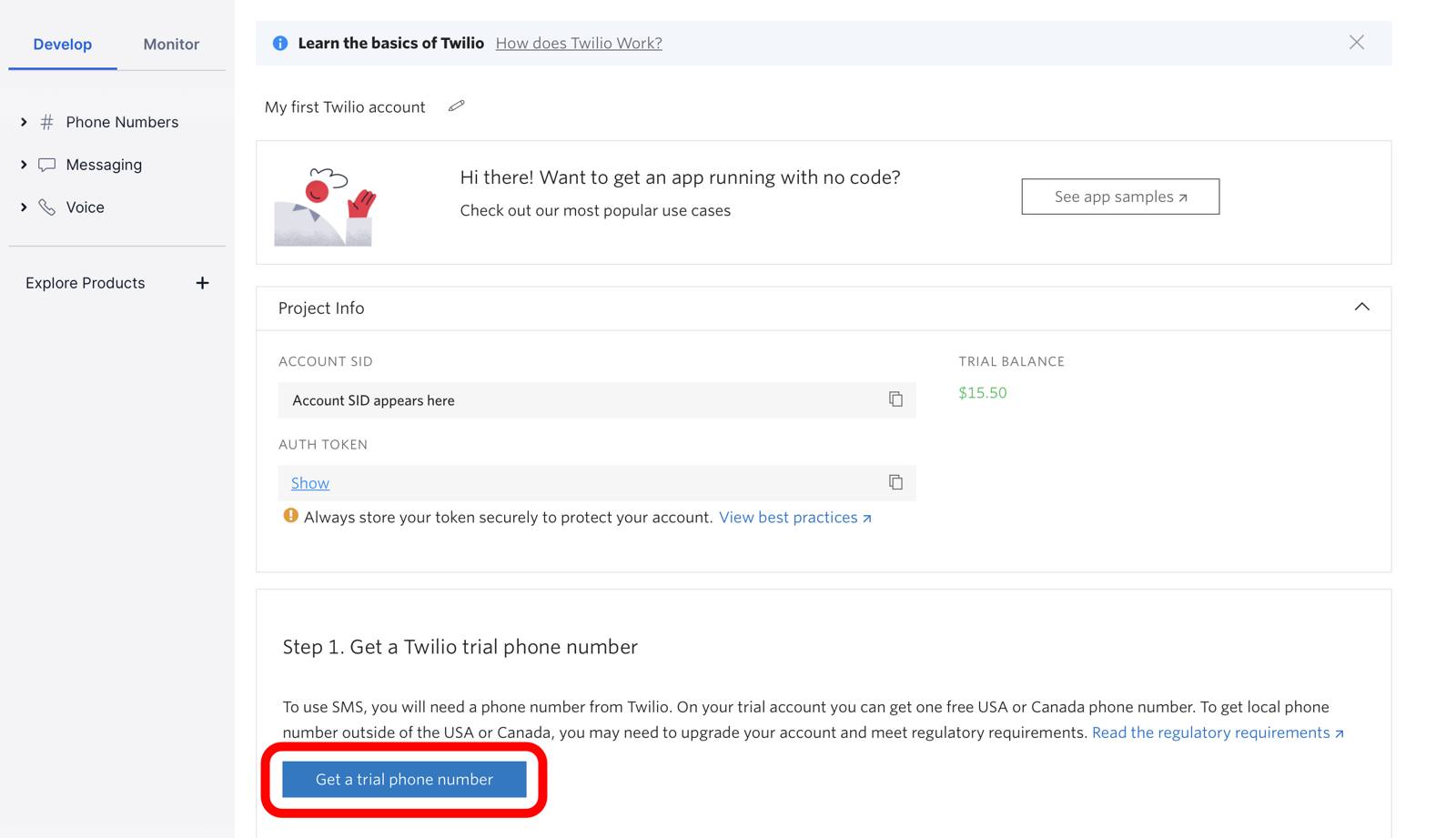 Twilio console - Get trial phone number button highlighted